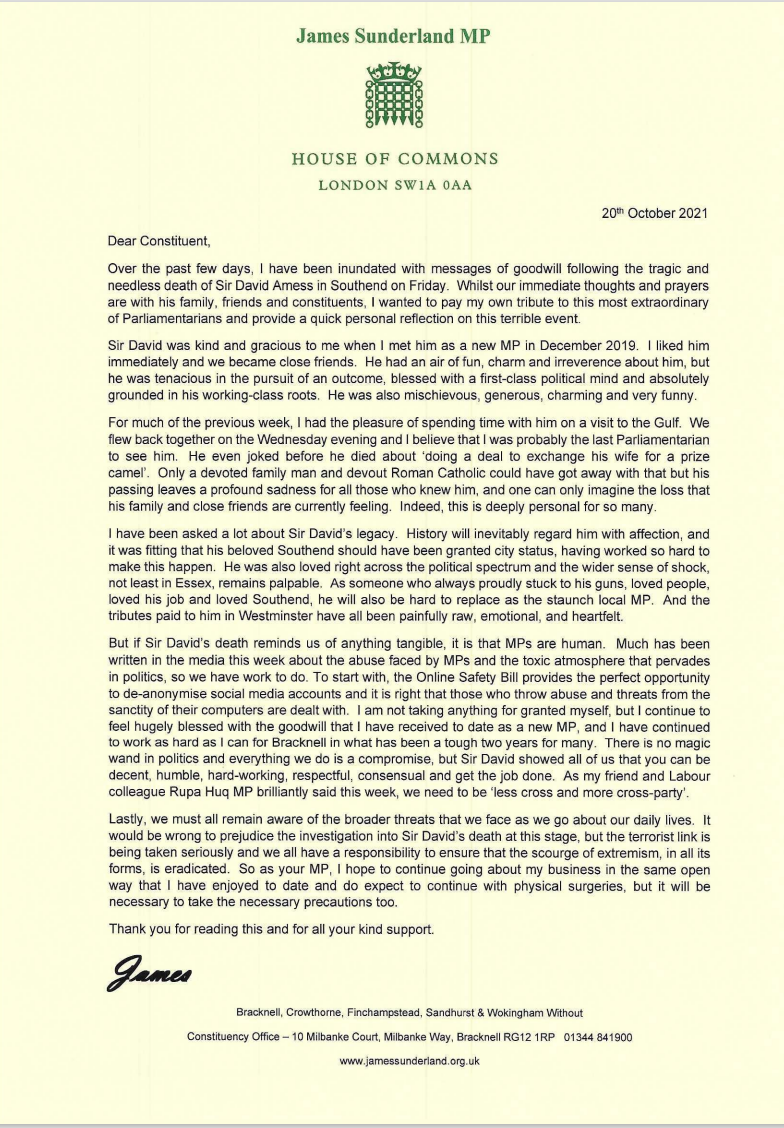 James Sunderland MP's Open Letter