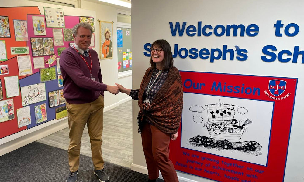 James Sunderland with Juanita Dunlop, the head teacher at St Joseph’s Catholic Primary School