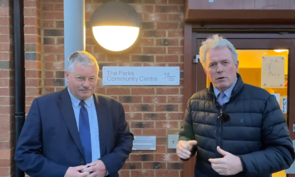 James Sunderland MP and Cllr Chris Turrell outside The Parks Community Centre