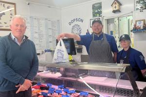 James Sunderland MP visiting Dopson Butchers in Crowthorne